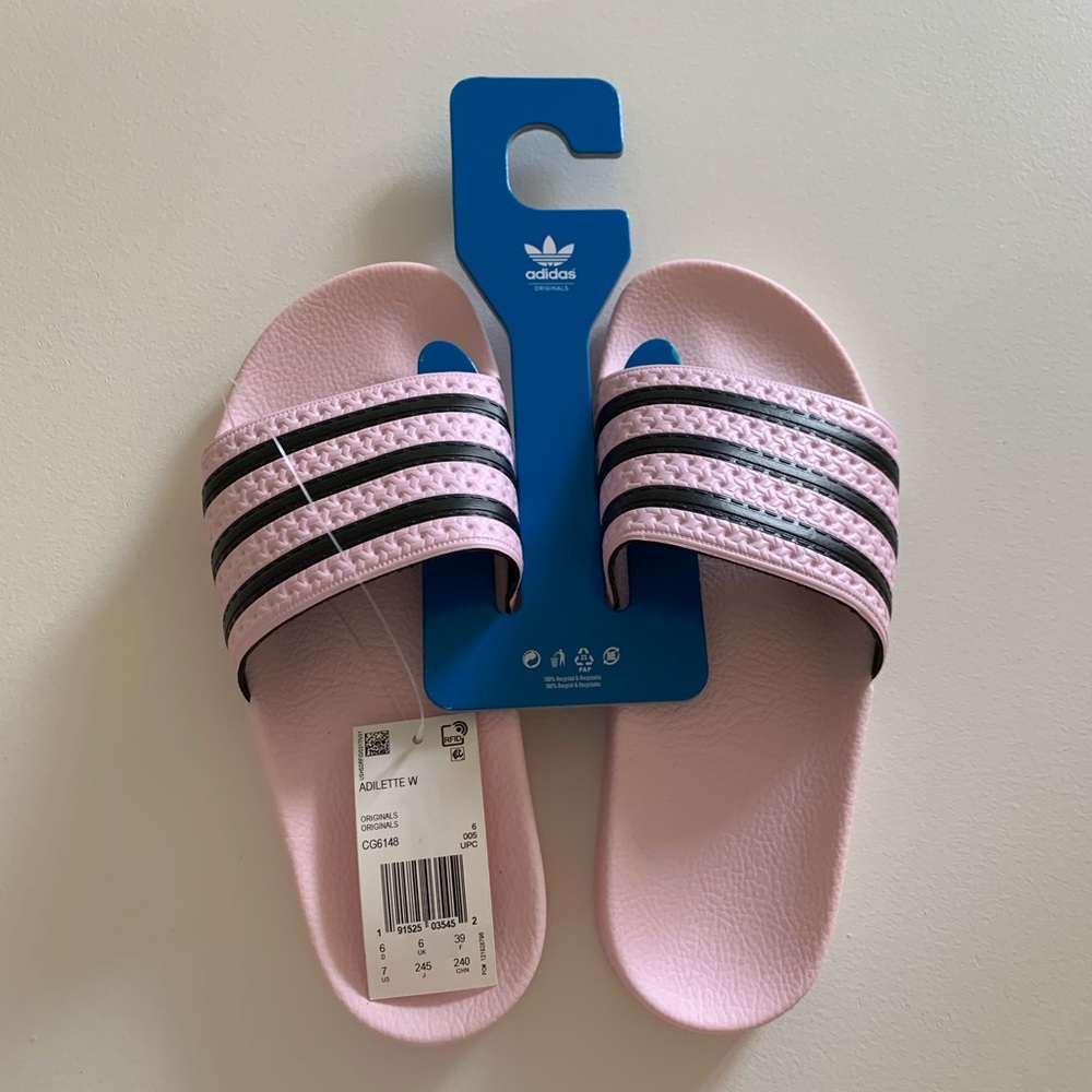 Pink and Black Adidas Slides